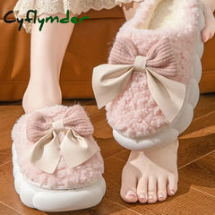 Cyflymder Winter Warm Fur Slippers for Women Cute Bow House Non Slip Soft Shoes Comfort Flat Heel Home Indoor Bedroom