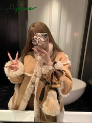 Cyflymder Winter Warm Overcoats Women Outwear Casual Y2k Office Lady Vintage Faux Fur Wool Coat Ladies Korean Fashion