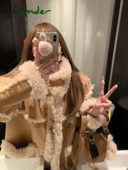 Cyflymder Winter Warm Overcoats Women Outwear Casual Y2k Office Lady Vintage Faux Fur Wool Coat Ladies Korean Fashion