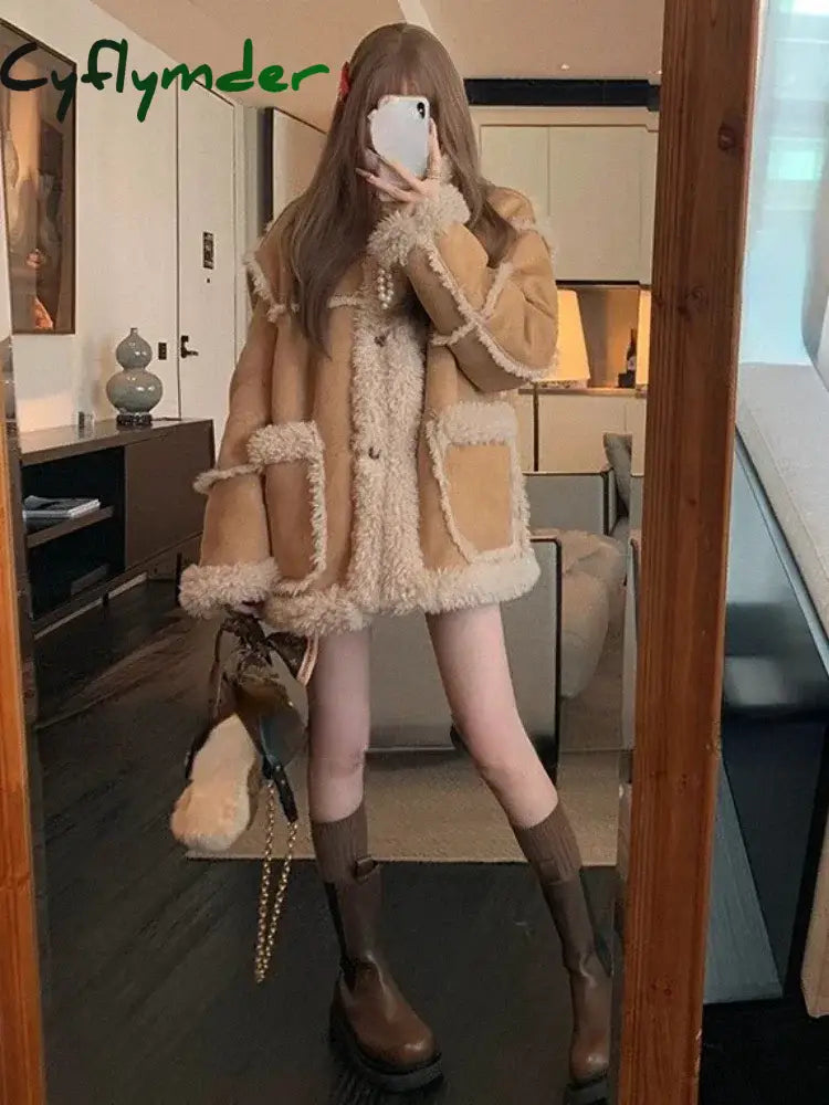 Cyflymder Winter Warm Overcoats Women Outwear Casual Y2k Office Lady Vintage Faux Fur Wool Coat Ladies Korean Fashion