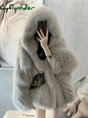 Cyflymder winter winery outfit Trendy Hooded Faux Fox Fur Coats super Warm Winter Furry Jacket Women Streetwear Plush