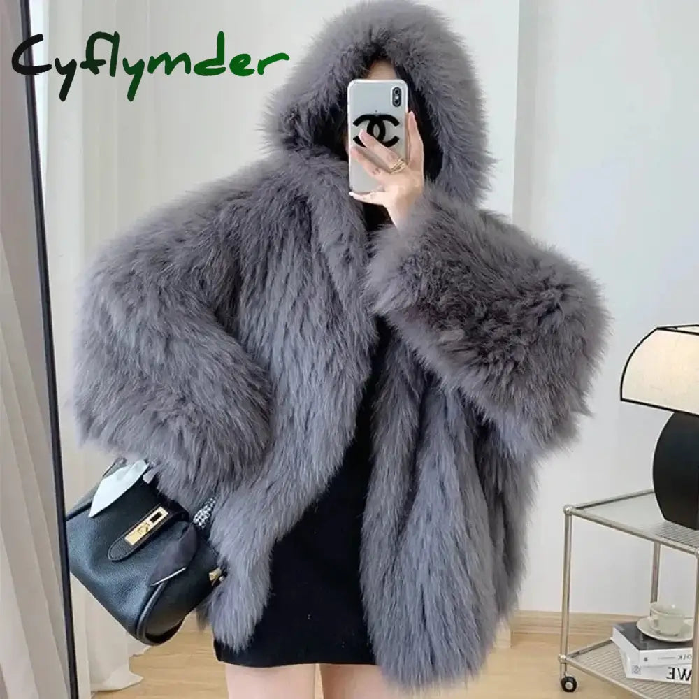 Cyflymder winter winery outfit Trendy Hooded Faux Fox Fur Coats super Warm Winter Furry Jacket Women Streetwear Plush