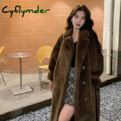 Cyflymder Winter Women Faux Fur Coat pink black Imitation Mink Fur Jacket Turn-down Thick Keep Warm Long Fashion