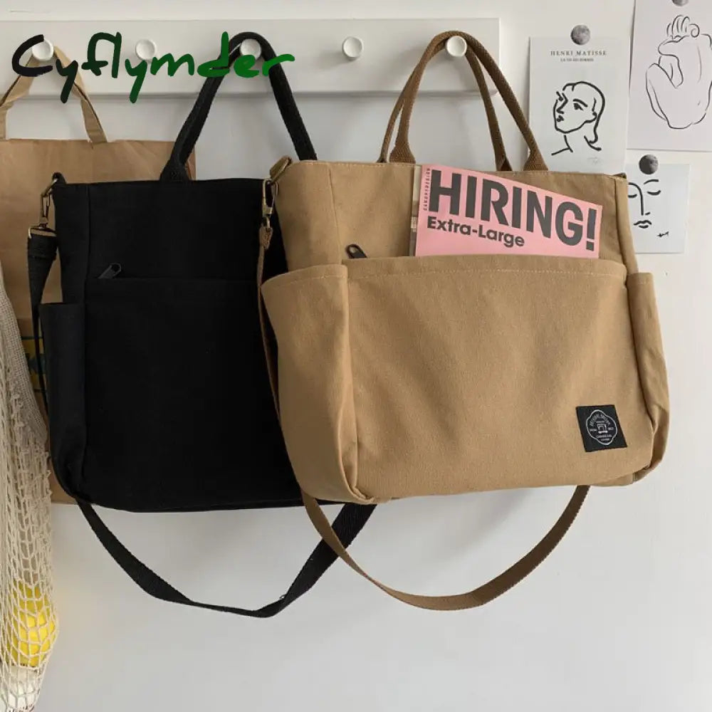 Cyflymder Woman Canvas Tote Shoulder Messenger Bag Handbag With An External Pocket Reusable Grocery