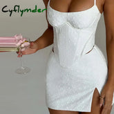 Cyflymder Women 2 Piece Skirt Set Jacquard Eyelet Slim Fit Backless Tie Up Corset Crop Tops + Mini