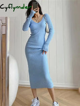 Cyflymder Women Autumn Knitted Dress V Neck Sexy Slim Elastic Oversized Basic Bodycon Sweater