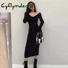 Cyflymder Women Autumn Knitted Dress V Neck Sexy Slim Elastic Oversized Basic Bodycon Sweater