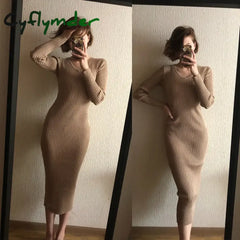 Cyflymder Women Autumn Knitted Dress V Neck Sexy Slim Elastic Oversized Basic Bodycon Sweater