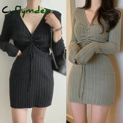 Cyflymder Women Autumn Winter Knitted Dress Women’s Long Sleeves Drawstring Insert Solid Color Slim