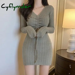 Cyflymder Women Autumn Winter Knitted Dress Women’s Long Sleeves Drawstring Insert Solid Color Slim
