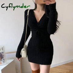 Cyflymder Women Autumn Winter Knitted Dress Women’s Long Sleeves Drawstring Insert Solid Color