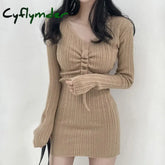 Cyflymder Women Autumn Winter Knitted Dress Women’s Long Sleeves Drawstring Insert Solid Color