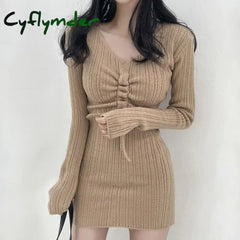 Cyflymder Women Autumn Winter Knitted Dress Women’s Long Sleeves Drawstring Insert Solid Color