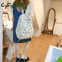 Cyflymder Women Backpack Multi-Pocket Nylon Floral Prints School For Student Girl Laptop Bookpack