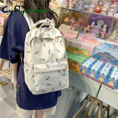 Cyflymder Women Backpack Multi-Pocket Nylon Floral Prints School For Student Girl Laptop Bookpack