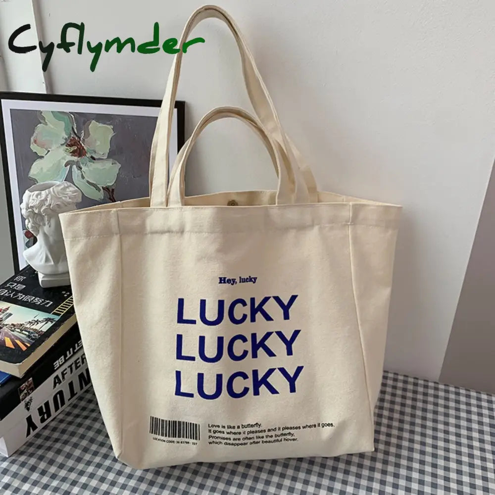 Cyflymder Women Bag Letter Lucky Canvas Tote Fashion Casual Hasp Soft Shoulder Bags Handbags