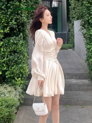 Cyflymder Women Beige V Neck Button Pleated Short Dresses Spring Autumn French Gentle Long Lantern