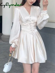 Women Beige V Neck Button Pleated Short Dresses Spring Autumn French Gentle Long Lantern Sleeve Slim Party Mini Dress Vintage