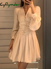 Cyflymder Women Beige V Neck Button Pleated Short Dresses Spring Autumn French Gentle Long Lantern