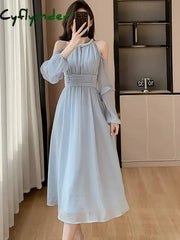 Cyflymder Women Blue Chiffon Off Shoulder Sexy Long Dress Spring Elegant Chic Diamonds Casual 2024