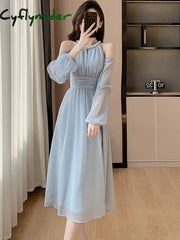 Cyflymder Women Blue Chiffon Off Shoulder Sexy Long Dress Spring Elegant Chic Diamonds Casual 2024