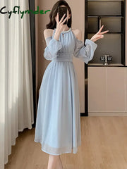 Cyflymder Women Blue Chiffon Off Shoulder Sexy Long Dress Spring Elegant Chic Diamonds Casual 2024