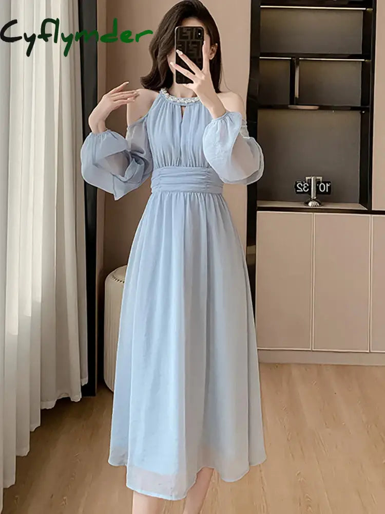 Women Blue Chiffon Off Shoulder Sexy Long Dress Spring Elegant Chic Diamonds Casual Dress 2024 Korean Fashion Bodycon Prom Dress