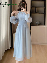 Women Blue Chiffon Off Shoulder Sexy Long Dress Spring Elegant Chic Diamonds Casual Dress 2024 Korean Fashion Bodycon Prom Dress