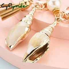Cyflymder Women Bohemia Style Conch Keyrings With Pearl Shell Tassel Pendant Exquisite Bag Key Ring
