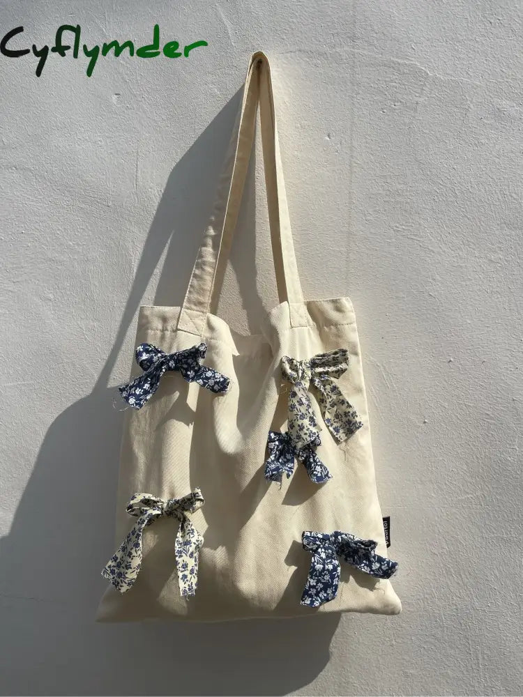 Cyflymder Women Canvas Bag Bow Cotton Casual Sweet Soft Zipper High-Capacity Shoulder Handbag