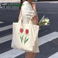 Cyflymder Women Canvas Large Capacity Cotton Reusable Shoulder Bag Tulips Printing Ladies Casual