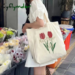 Cyflymder Women Canvas Large Capacity Cotton Reusable Shoulder Bag Tulips Printing Ladies Casual