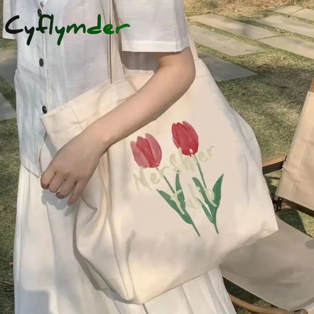 Cyflymder Women Canvas Large Capacity Cotton Reusable Shoulder Bag Tulips Printing Ladies Casual