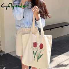Cyflymder Women Canvas Large Capacity Cotton Reusable Shoulder Bag Tulips Printing Ladies Casual