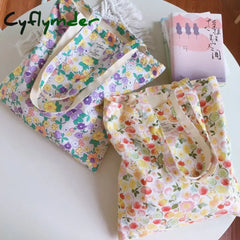 Cyflymder Women Canvas Shopping Bag Floral Print Books Female Cotton Cloth Shoulder Eco Handbag