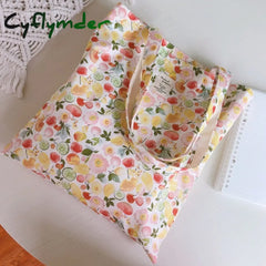 Cyflymder Women Canvas Shopping Bag Floral Print Books Female Cotton Cloth Shoulder Eco Handbag
