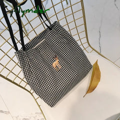 Cyflymder Women Canvas Shoulder Bag Black White Plaid Red Heart Deer Embroidery Ladies Shopping