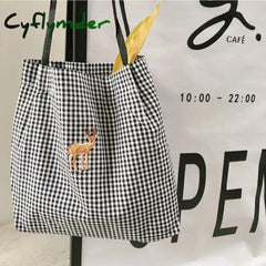 Cyflymder Women Canvas Shoulder Bag Black White Plaid Red Heart Deer Embroidery Ladies Shopping