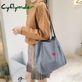 Cyflymder Women Canvas Shoulder Bag Black White Plaid Red Heart Deer Embroidery Ladies Shopping