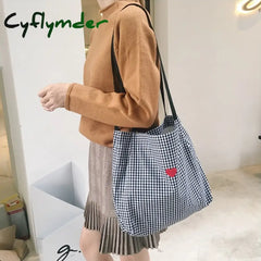Cyflymder Women Canvas Shoulder Bag Black White Plaid Red Heart Deer Embroidery Ladies Shopping