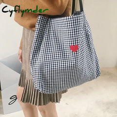 Cyflymder Women Canvas Shoulder Bag Black White Plaid Red Heart Deer Embroidery Ladies Shopping