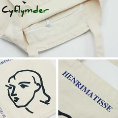 Cyflymder Women Canvas Shoulder Bag Henrimatisse Printing Ladies Casual Handbag Tote Large Capacity