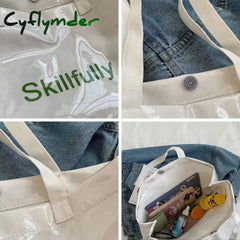 Cyflymder Women Canvas Shoulder Bag Ins Transparent Pvc Skillfully Printing Large Capacity Reusable