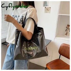 Cyflymder Women Canvas Shoulder Bag Ins Transparent Pvc Skillfully Printing Large Capacity Reusable