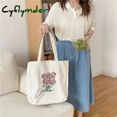 Cyflymder Women Canvas Shoulder Bag Rose Printing Ladies Casual Handbag Tote Large Capacity Cotton