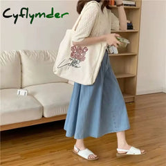 Cyflymder Women Canvas Shoulder Bag Rose Printing Ladies Casual Handbag Tote Large Capacity Cotton