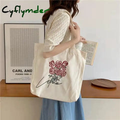 Cyflymder Women Canvas Shoulder Bag Rose Printing Ladies Casual Handbag Tote Large Capacity Cotton