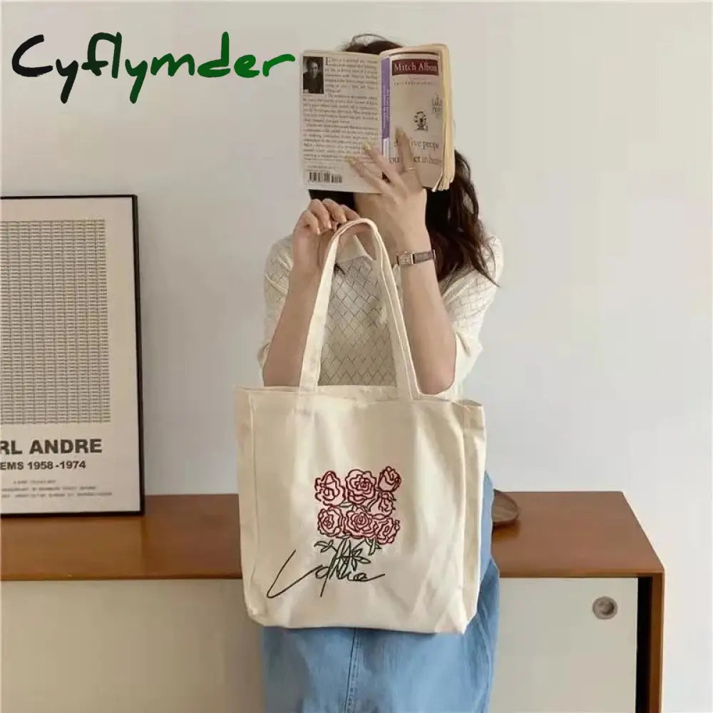 Cyflymder Women Canvas Shoulder Bag Rose Printing Ladies Casual Handbag Tote Large Capacity Cotton