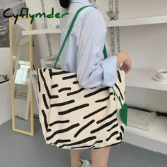 Cyflymder Women Canvas Shoulder Bag Zebra Stripes Print Ladies Casual Handbag Tote Large Capacity