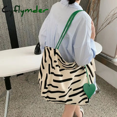 Cyflymder Women Canvas Shoulder Bag Zebra Stripes Print Ladies Casual Handbag Tote Large Capacity